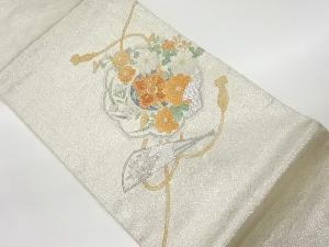 リサイクル　相良刺繍鏡裏に秋草・扇子模様開き名古屋帯（額縁仕立て）